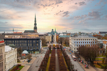 Aerial View of Riga Featuring St. Peter's Church at Sunset