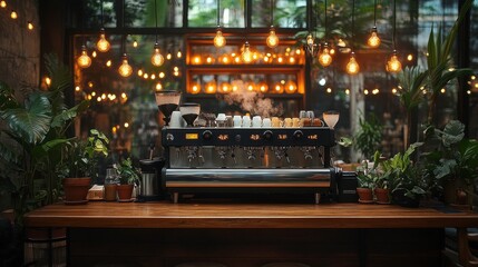 Stylish coffee shop interior with modern espresso machine, lush green plants, warm lighting and cozy atmosphere inviting visitors to enjoy their favorite drinks