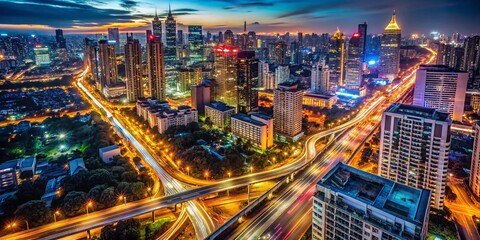 Obraz premium Aerial View of a Vibrant Cityscape at Night with Illuminated Roads and Blurred Lights, Capturing the Motion and Energy of Urban Life in a Stunning Display of Colors