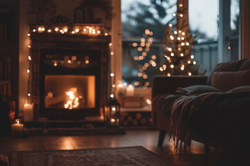 Fototapeta premium Cozy interior with fireplaces at home. Christmas atmosphere, evening lights. Selective focus. Place for text.