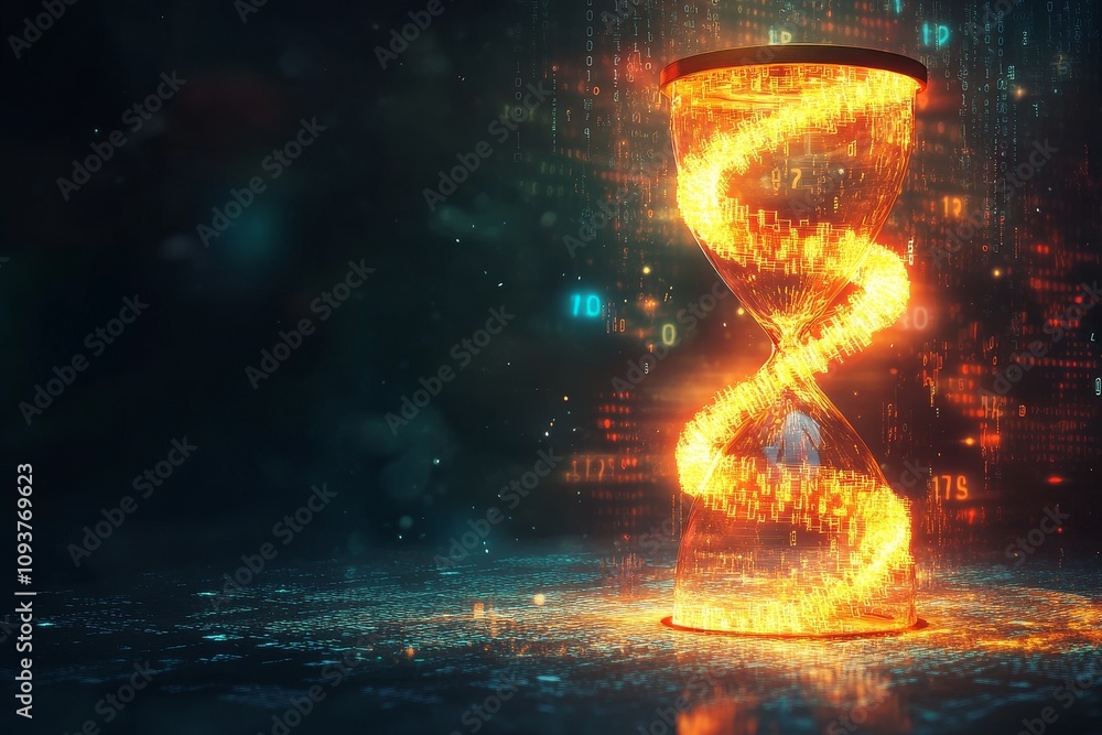 Poster a digital hourglass, with bits and bytes streaming through, depicting the ephemeral quality of onlin