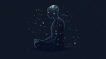 A cosmic silhouette of a meditating figure, filled with glowing stars and galaxies, representing the infinite potential of the human mind during deep introspection.