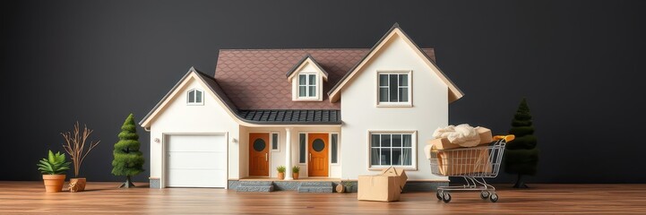Modern home buyer concept with a 3D mock up house inside a shopping cart, symbolizing purchasing a new home, dream home, property, concept