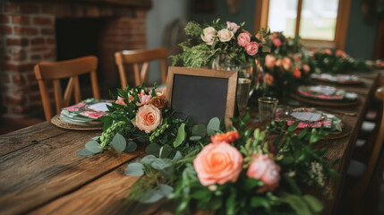 Obraz premium A table with a blackboard sign and flowers on it