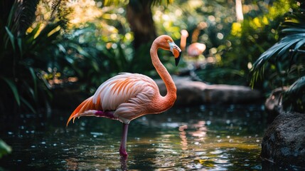 A single pink flamingo stands in a shallow pond with lush green foliage surrounding it.