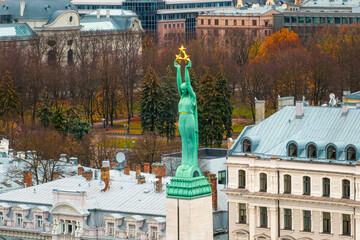 Aerial View of Freedom Monument and Historic Buildings in Riga