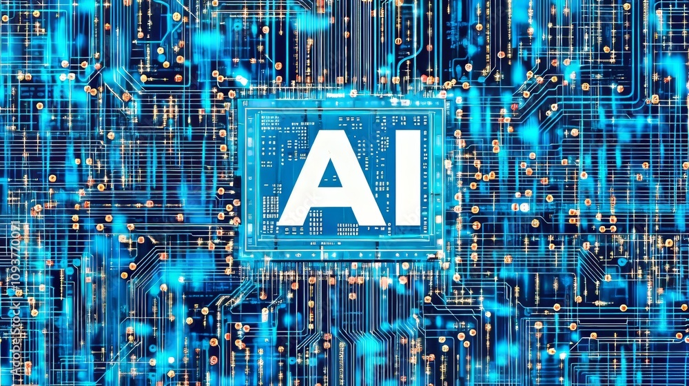 Poster a luminous light blue neon ai chip with delicate circuit contact lines is displayed on a technology-
