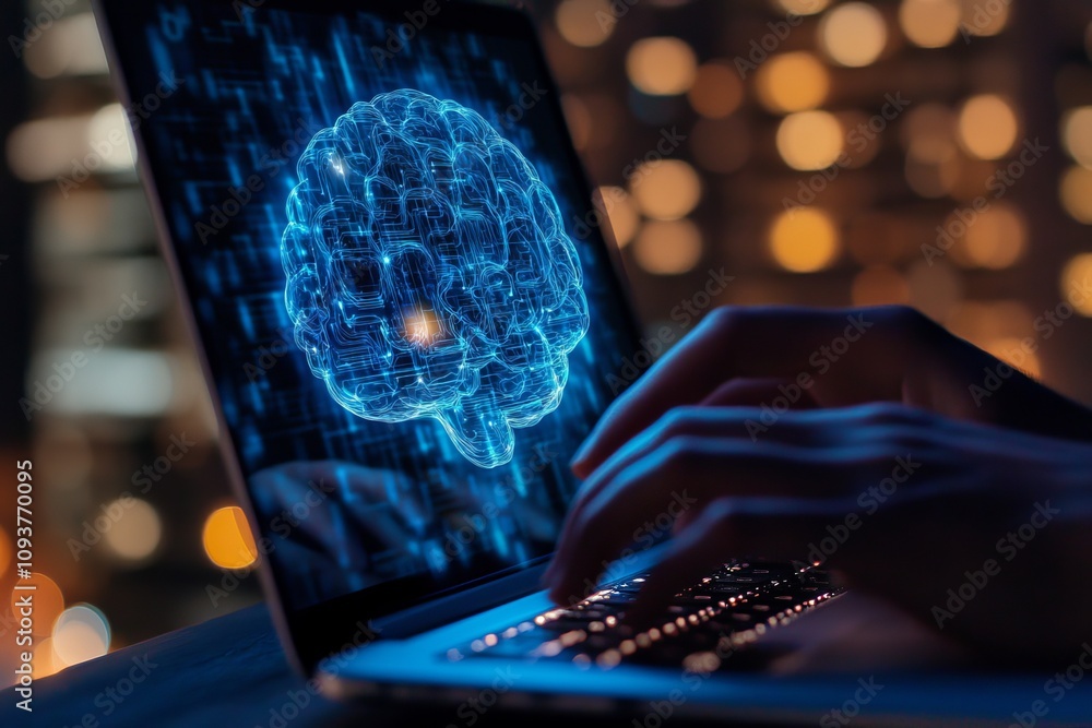 Poster a person using a laptop, connected to an ai brain symbolizing machine learning. ai network displayin