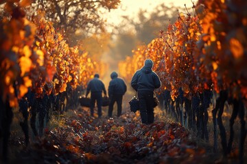 Vineyard workers harvesting grapes amidst autumn foliage.