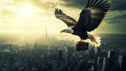 Fototapeta premium A majestic eagle flying above a cityscape with a briefcase in its talons, symbolizing ambition, achievement, and a successful deal