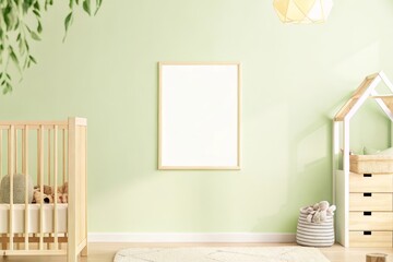 Modern nursery interior with a blank frame on the wall, geometric accents, and warm orange tones, featuring a crib and cozy decor elements