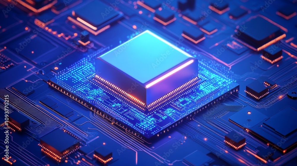 Poster a modern motherboard design showcasing an abstract technology circuit board and processor, akin to a