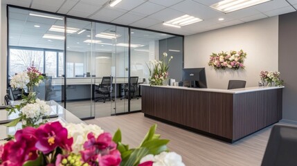 A sleek corporate office space with open glass walls, modern furniture, and a reception desk adorned with flowers and welcome signage, emphasizing professionalism and transparency