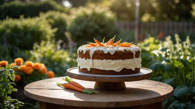 Freshly baked carrot cake on a rustic wooden table in a vibrant garden setting