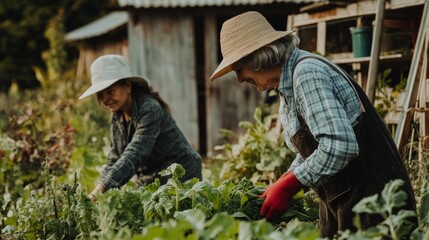 Two generations of a family working together in a backyard vegetable garden, harvesting fresh produce. The atmosphere is warm and joyful, with a rustic wooden shed in the background.