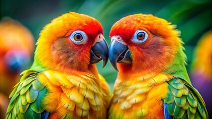 Vivid Macro Photography of Lovebirds Showcasing Their Vibrant Colors and Unique Feathers in a Natural Setting, Perfect for Nature and Bird Enthusiasts