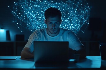 A double exposure of a man using a mobile smart device illustrates the concept of digital technology, internet network connection, big data, digital marketing, and the Internet of Things (IoT).