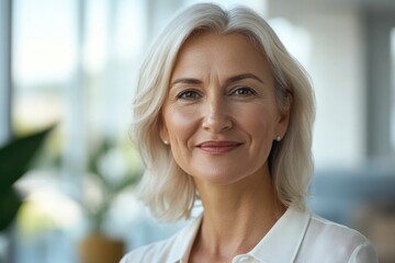 Fototapeta premium Close-up headshot of confident European mature, good looking middle-aged leader, businesswoman CEO on blurred office background. Beautiful senior European businessman smiling at the camera
