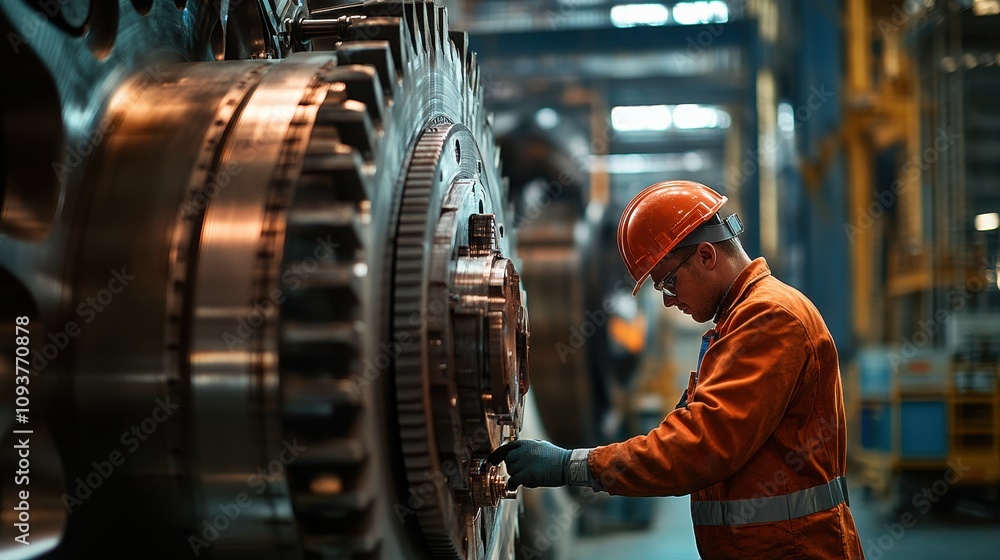 Poster worker in an industrial setting inspecting large machinery components.
