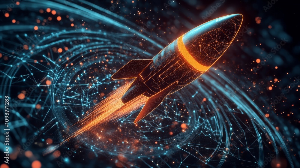 Poster a stock image depicting a rocket launching out of a laptop screen with an abstract digital wave.