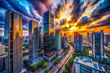 Obraz premium Aerial View of Corporate Buildings with Fast-Moving Timelapse Clouds Above, Showcasing Modern Architecture and Urban Landscape in Dynamic Perspective
