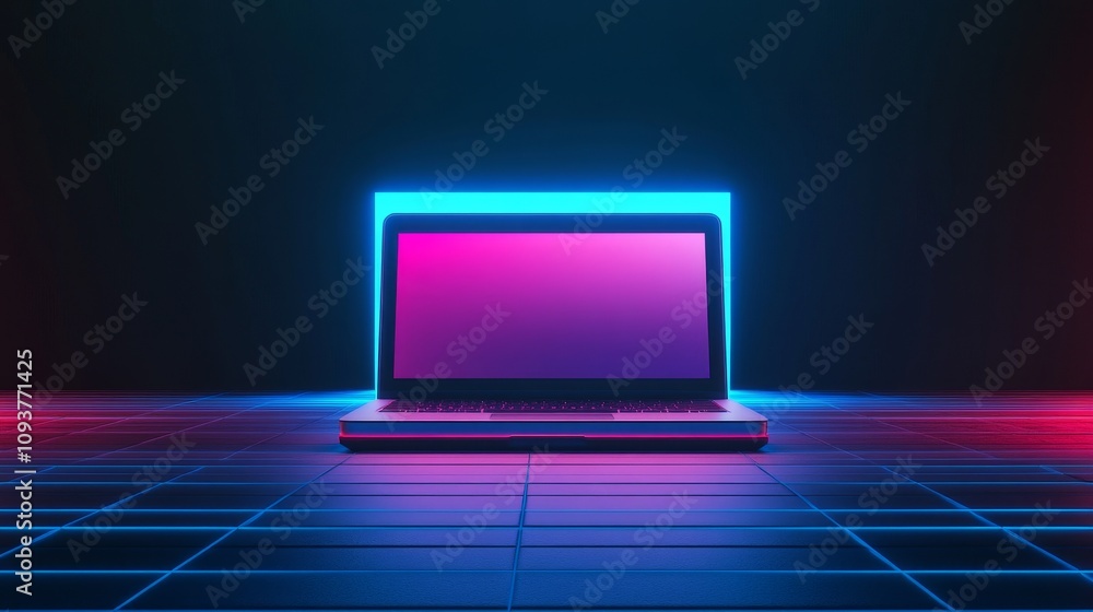 Poster positioned on a futuristic grid, a sleek laptop is highlighted by visual scan lines, creating a vibr