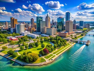 Naklejka premium Aerial View of Detroit Michigan: Captivating Drone Photography Showcasing Urban Landscape, Riverfront, Historic Architecture, and Vibrant City Life