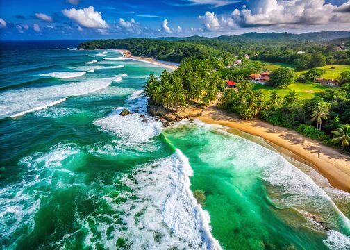 Aerial View of Dikwella Beach with Emerald Green Sea and Foaming Waves Capturing the Beauty of Nature's Oceanic Splendor