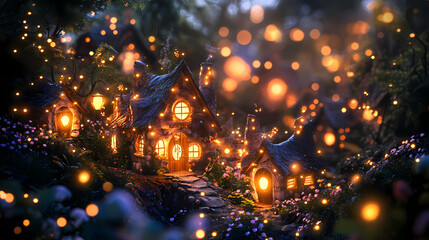 Obraz premium Enchanted fairy village illuminated by twilight glow, fairy, village, fantasy, magical, whimsical, enchanting, mystical. Mystic Lantern Glow. Illustration