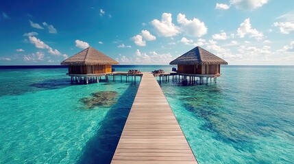 Perfect Maldives paradise scene. Tropical aerial landscape, seascape, luxury water villas. Amazing sea sky, reef lagoon beach picturesque nature. Exotic tourism, panoramic destination, summer vacation