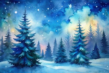 Fototapeta premium Watercolor Night Photography: Abstract Background with Fir Trees on Snow, Hand Drawn Illustration for Winter Landscapes and Holiday Themes