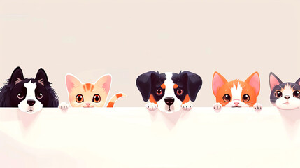A delightful group of pets, including a dog and various cats, peeks curiously over the edge of a surface in a soft, minimalist style. They bring a playful and inviting vibe to the scene