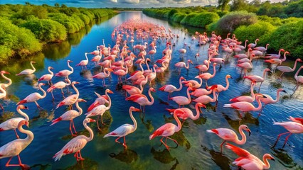 Aerial View of Greater Flamingo and American Flamingo Near River Preparing for a Confrontation Amidst Vibrant Wetland Ecosystem