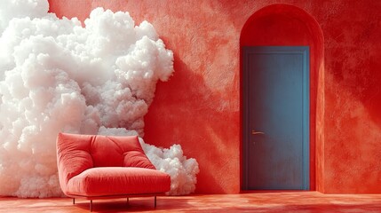 A vibrant interior scene featuring a red wall, a blue door, and a plush red sofa amidst cloud-like decor.