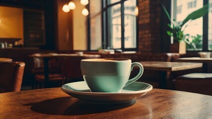 Cup of hot coffee on table in cafe with people. vintage and retro color effect