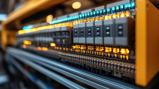 Illuminated industrial control panel with numerous relays and connectors.