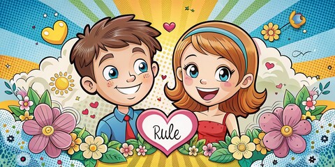 Whimsical Comic Style Illustrations Depicting Love Stories in Vibrant Colors, Emphasizing Emotions and Connection through Creative Characters and Heartfelt Scenes