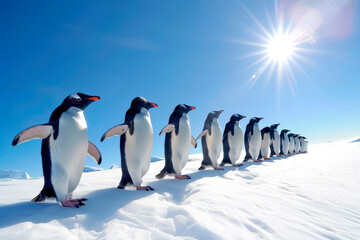 Obraz premium A line of cheerful penguins moves gracefully across the pristine snow, enjoying the vibrant sunlight in the Antarctic landscape. The tranquil setting highlights their playful nature