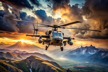 Aerial View of Modern Attack Helicopter in Flight Over Dramatic Landscape with Clouds and Mountains in Background, Showcasing Military Technology and Power in Action