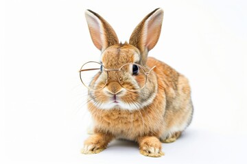 Obraz premium Adorable rabbit in glasses sitting alone on white background