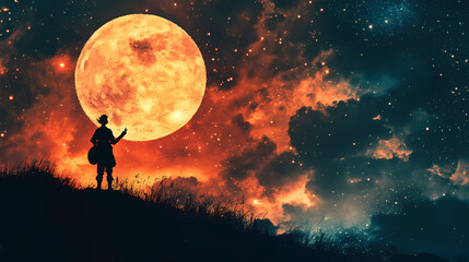 A bard sings a song during a full moon night, copies wallpapers with space backgrounds, generative stock. Space Wanderer Voyage. Illustration