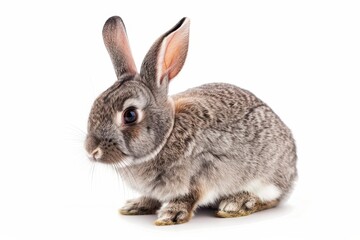 Fototapeta premium Cute gray bunny on white backdrop