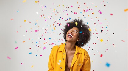 Joyful woman in bright jacket laughing amidst colorful confetti celebration
