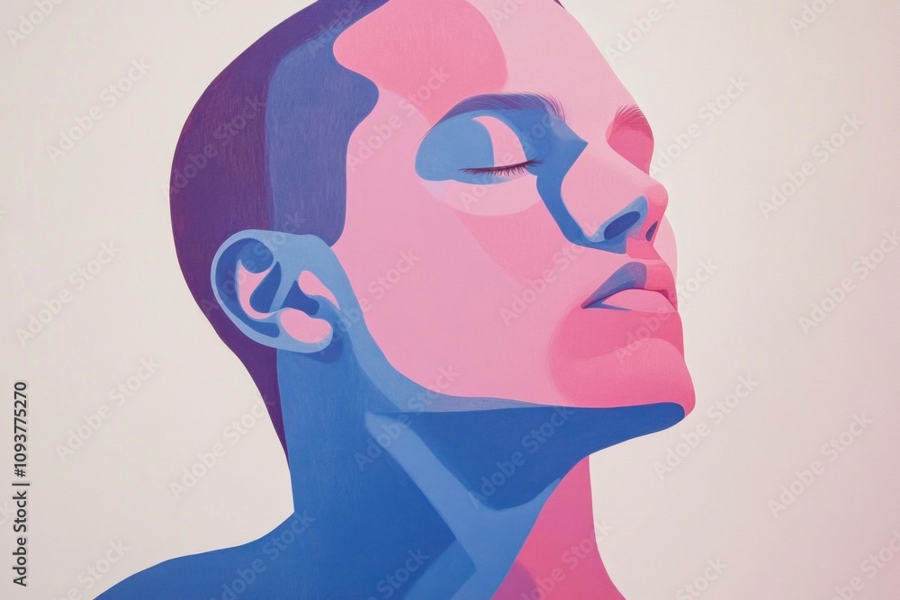 Wall mural Abstract portrait of a tranquil and serene young man with closed eyes, featuring a vibrant blend of pink and blue shades. Concept of self-reflection and calmness.