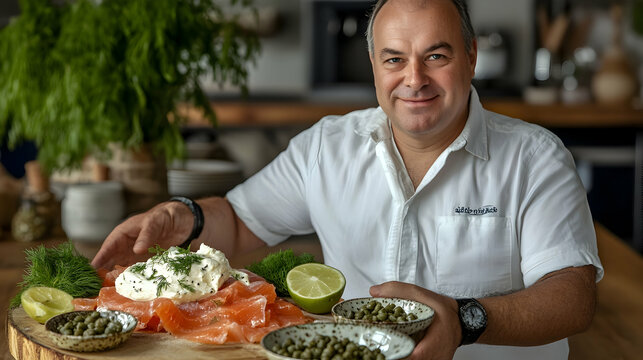 Cream cheese bagel with smoked salmon, capers, fresh dill, and lime on a wooden board.high quality image