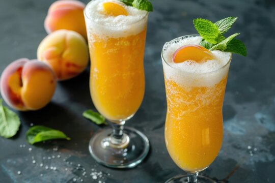 Modern Bellini cocktail with Prosecco white peaches and sugar syrup