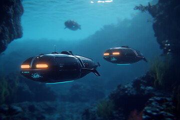 Fototapeta premium Small AI-powered submarines equipped with sensors, cameras, and robotic arms, exploring the deep ocean in glowing blue waters, symbolizing futuristic ocean research technology. 