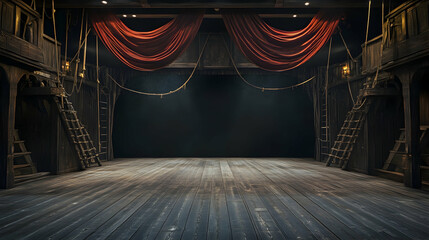 Empty pirate ship deck on a theater stage, evoking a nautical scene.4k image