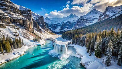 Aerial View of the Majestic Frozen Waterfall at Lake Louise Surrounded by Snow-Capped Mountains in a Breathtaking Canadian Winter Landscape