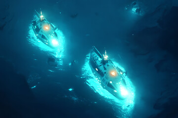 Fototapeta premium Small AI-powered submarines equipped with sensors, cameras, and robotic arms, exploring the deep ocean in glowing blue waters, symbolizing futuristic ocean research technology. 